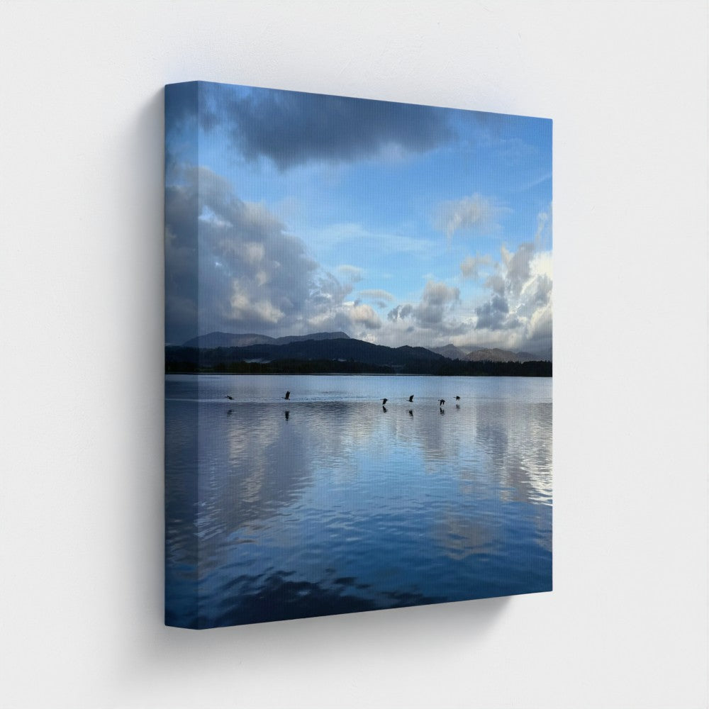 Made in UK Eco-Friendly Canvas Lake District landscape with Birds over Windermere Lake reflecting the serene water
