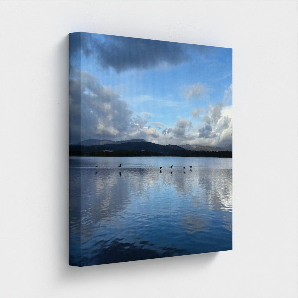 Made in UK Eco-Friendly Canvas Lake District landscape with Birds over Windermere Lake displayed on a wall