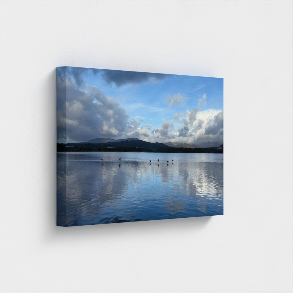 Made in UK Eco-Friendly Canvas Lake District landscape with Birds over Windermere Lake showcasing serene water reflections