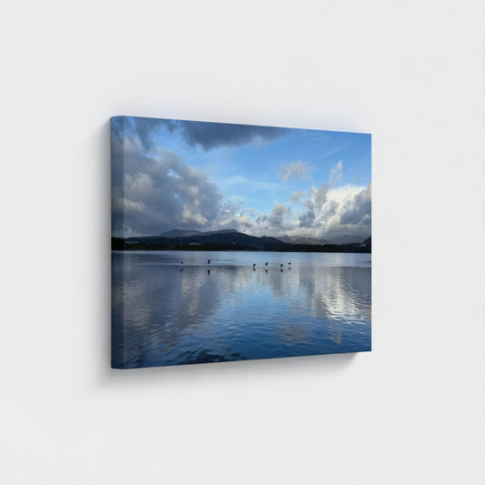 Made in UK Eco-Friendly Canvas Lake District landscape with Birds over Windermere Lake reflecting the sky