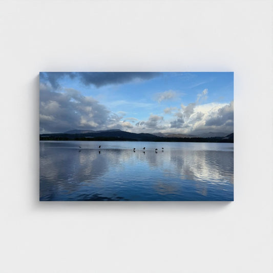 Made in UK Eco-Friendly Canvas Lake District landscape with Birds over Windermere Lake during a clear day