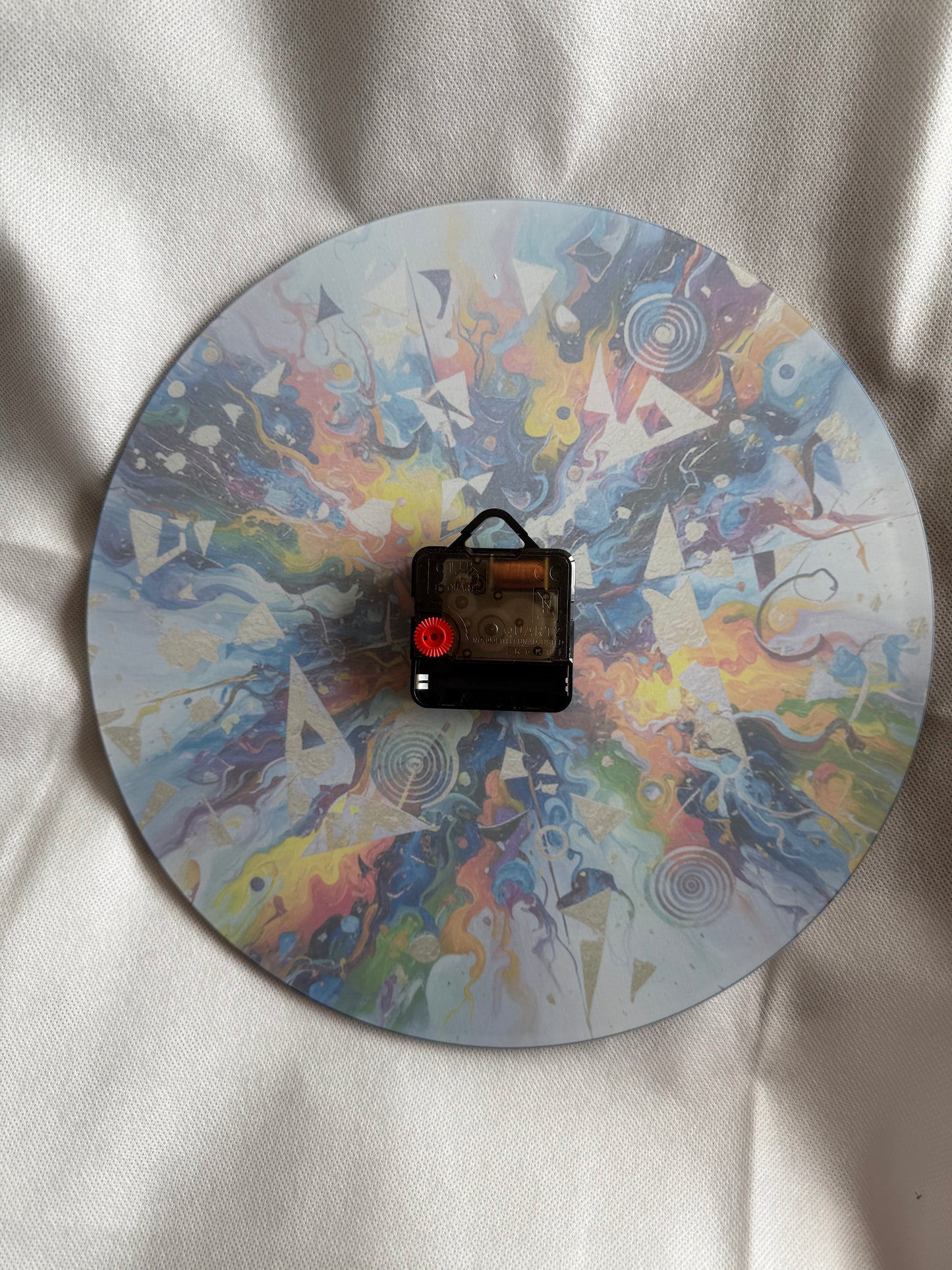 Made in UK Non-Ticking Abstract Glass Wall Clock featuring a colorful artistic design