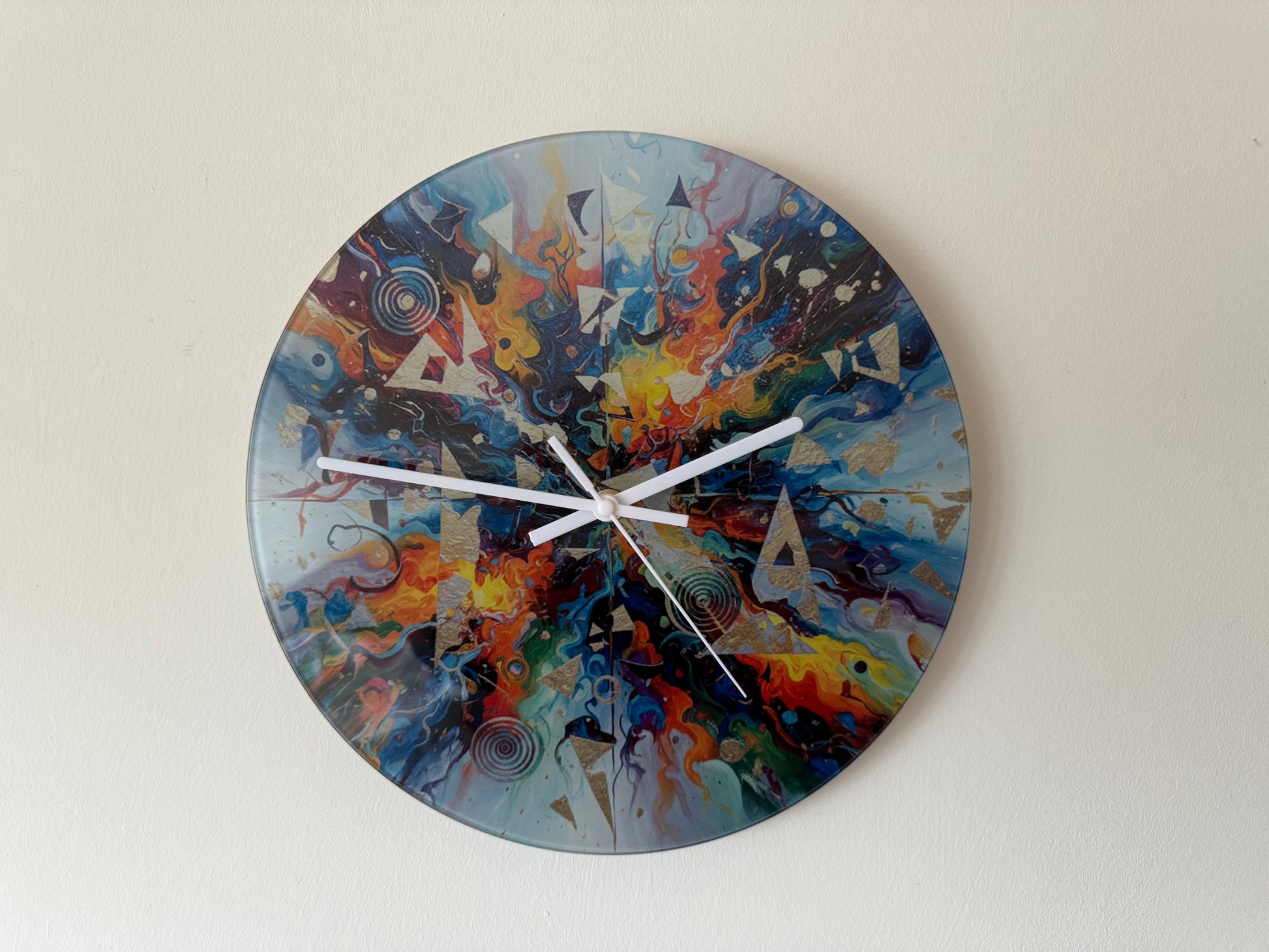 Colorful abstract design on a Made in UK Non-Ticking Abstract Glass Wall Clock for stylish decor