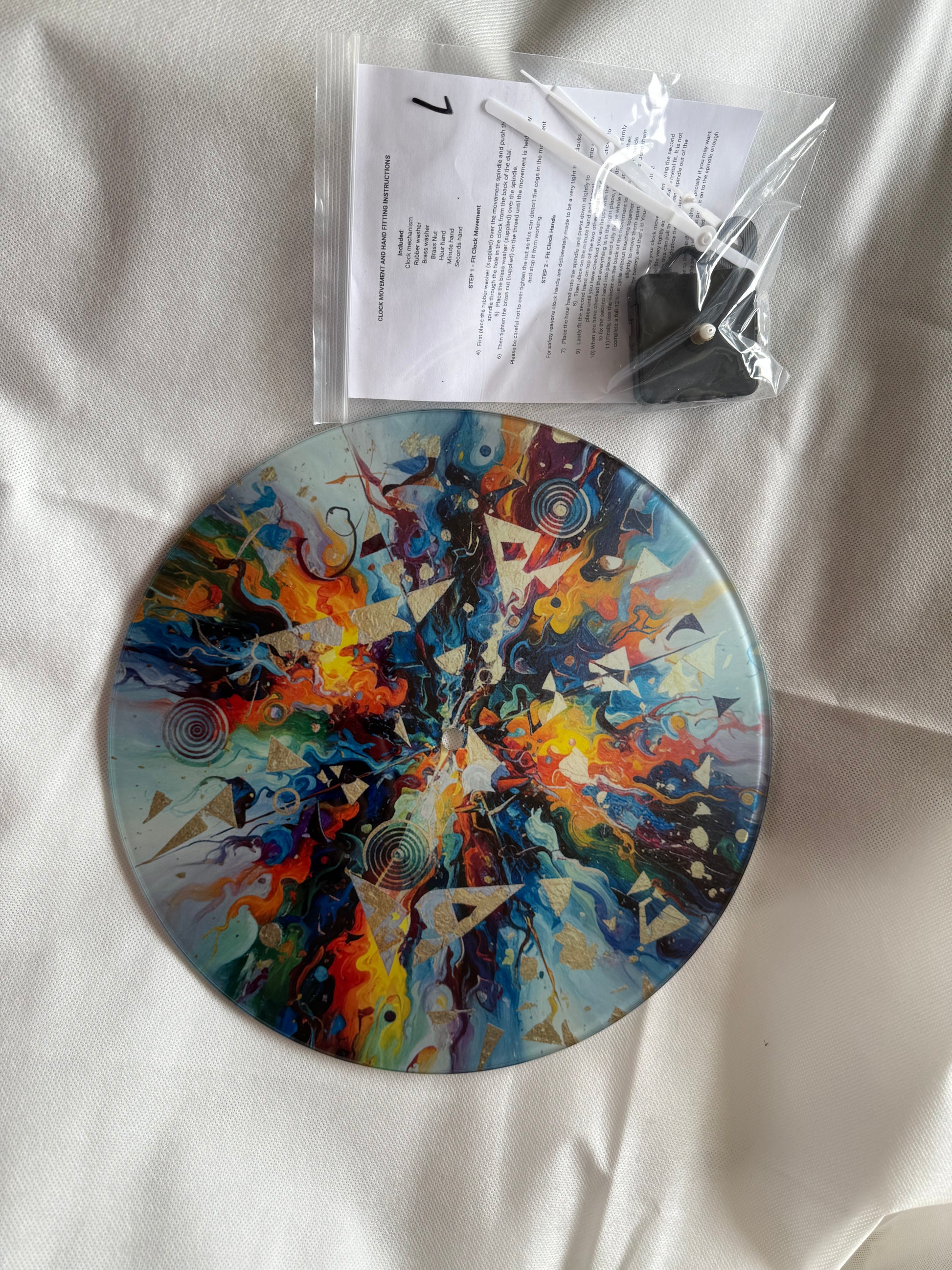 Made in UK Non-Ticking Abstract Glass Wall Clock with Vibrant Colorful Design