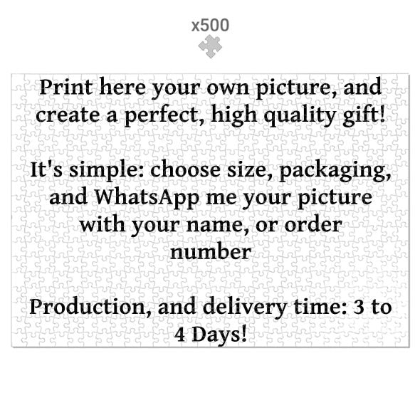 Custom made jigsaw puzzles with 500 pieces allowing personalized pictures and quick 3 to 4 day delivery