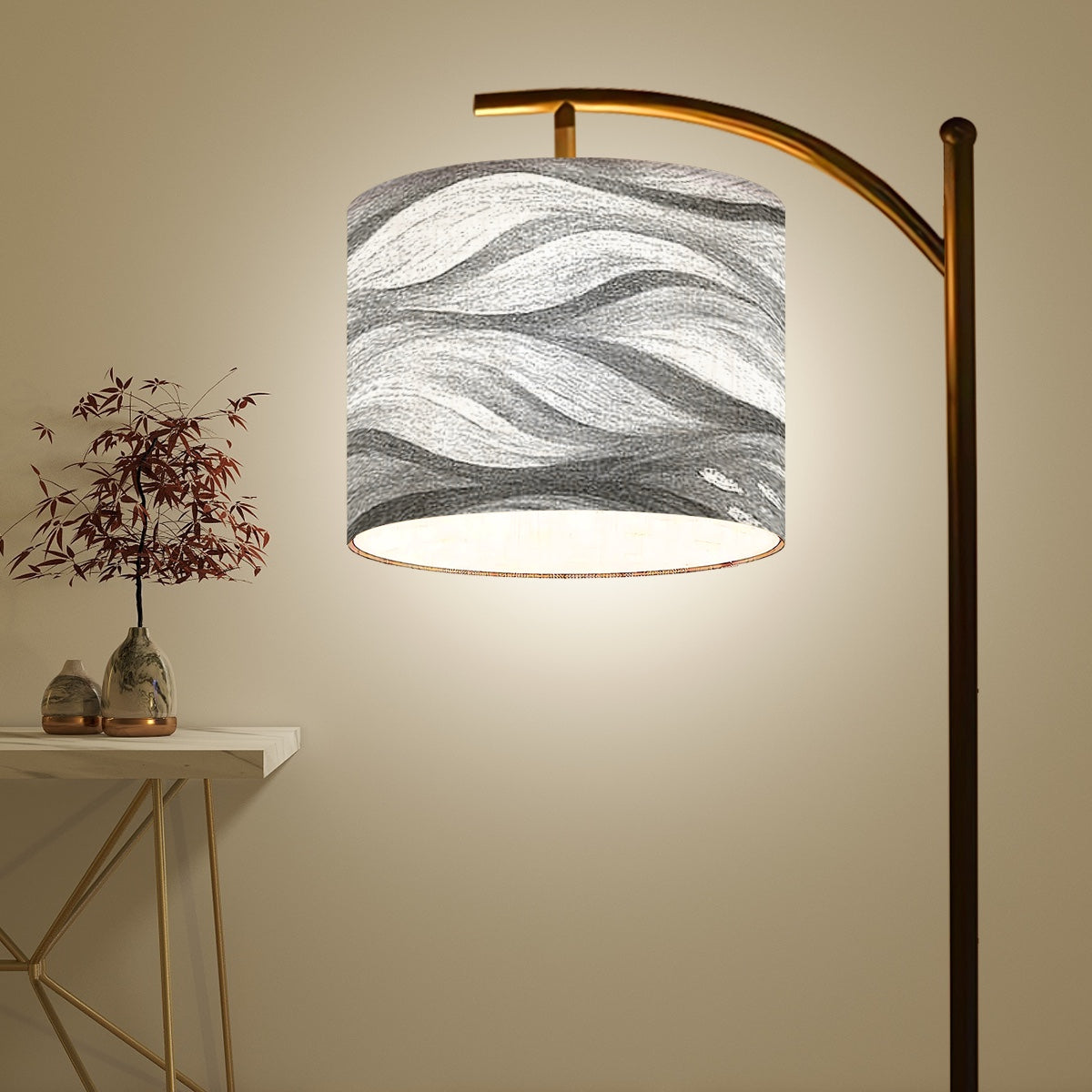 Linen Made in USA Arc Floor Lamp Shade featuring high-contrast black and white wave patterns for a graphic, modern look