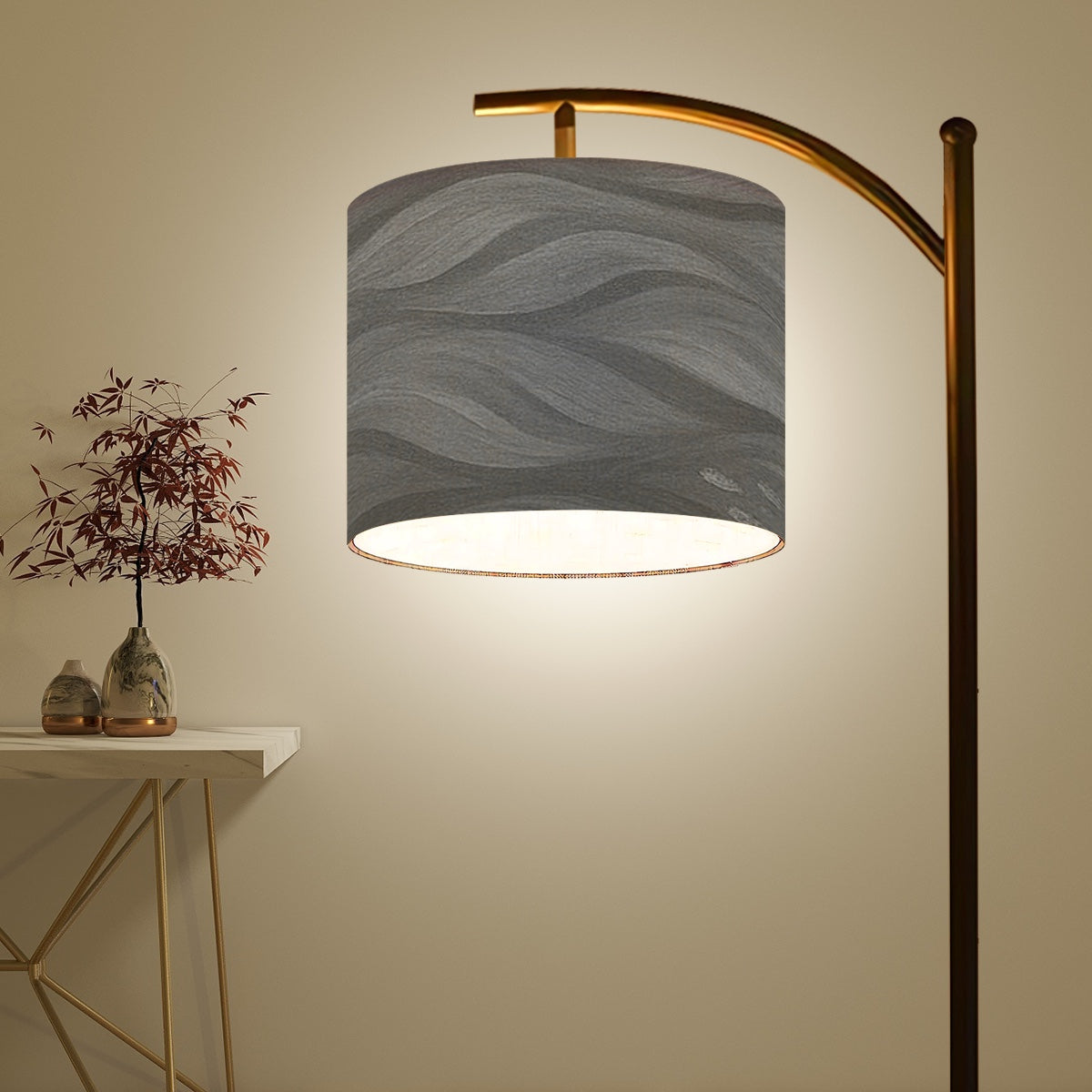 Made in USA Arc Floor Lamp Shade in soft gray gradient waves printed on light linen for understated elegance