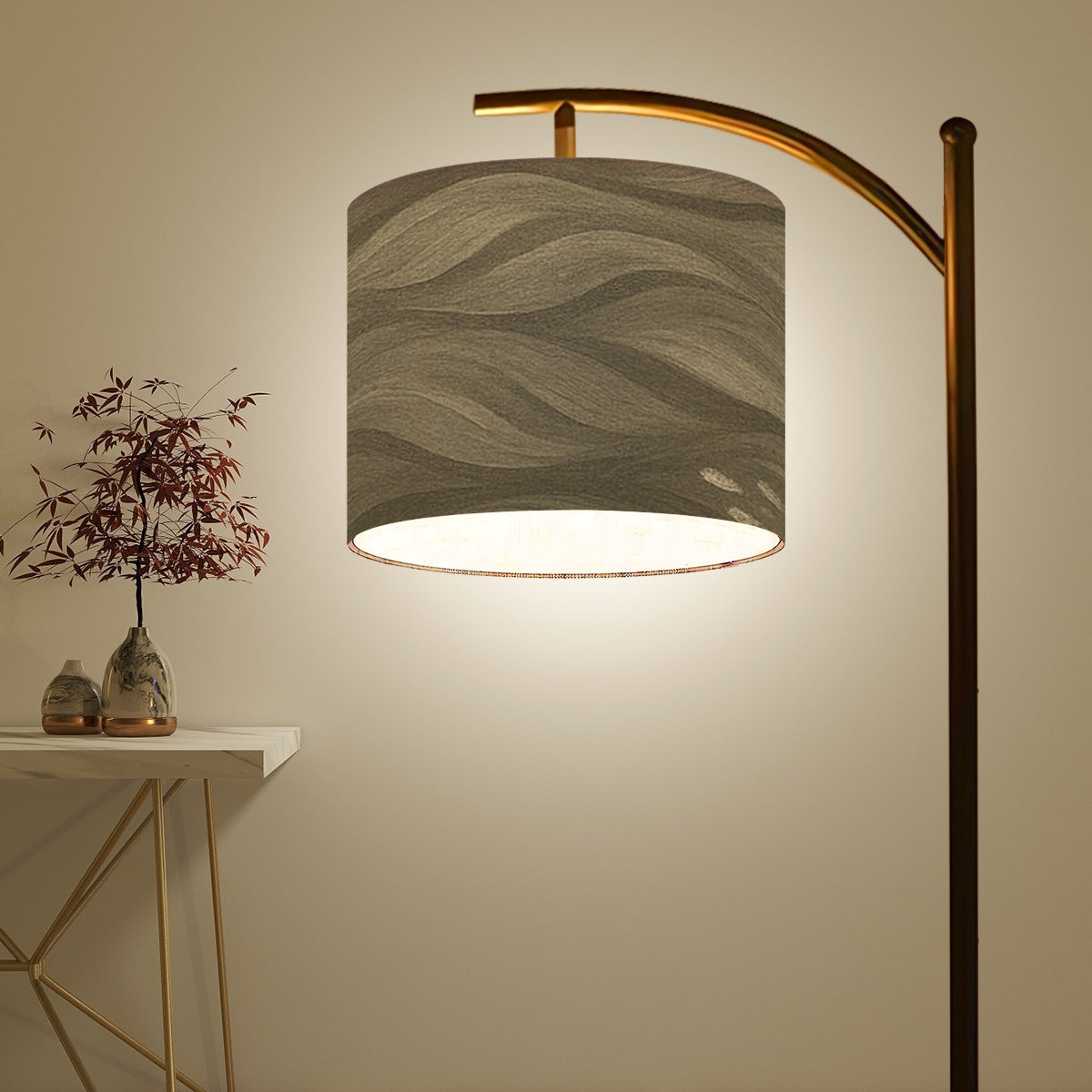 Linen Made in USA Arc Floor Lamp Shade in warm, brown-toned sepia wave patterns that convey vintage charm.