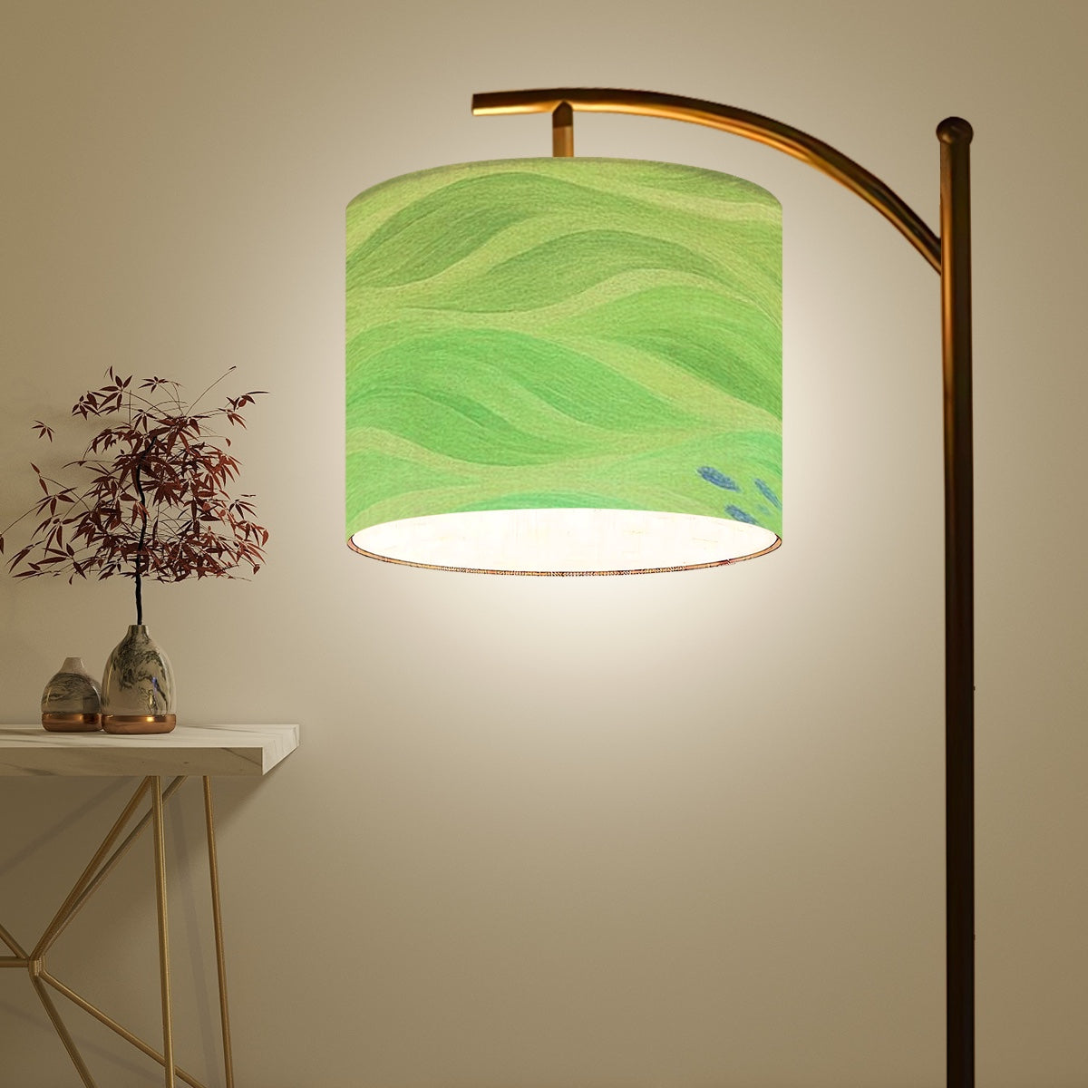 Dark-background linen Made in USA Arc Floor Lamp Shade with pale wave forms for a striking negative-space effect.