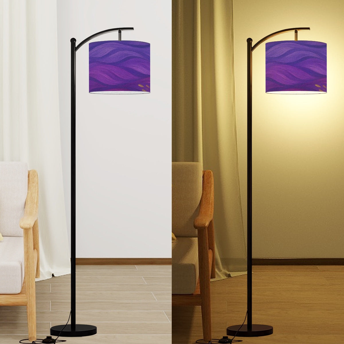 Arc lamp Made in USA Arc Floor Lamp Shade in premium linen printed with purple, magenta and gold amethyst-inspired waves.