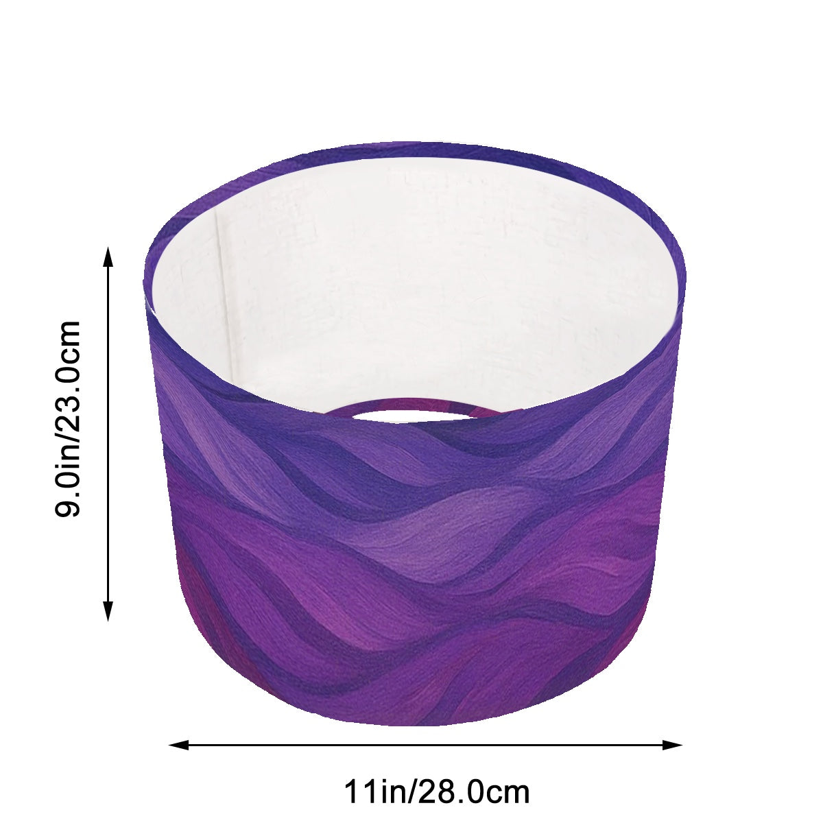 Arc lamp Made in USA Arc Floor Lamp Shade in linen printed with swirling purple, magenta and gold amethyst-inspired waves.