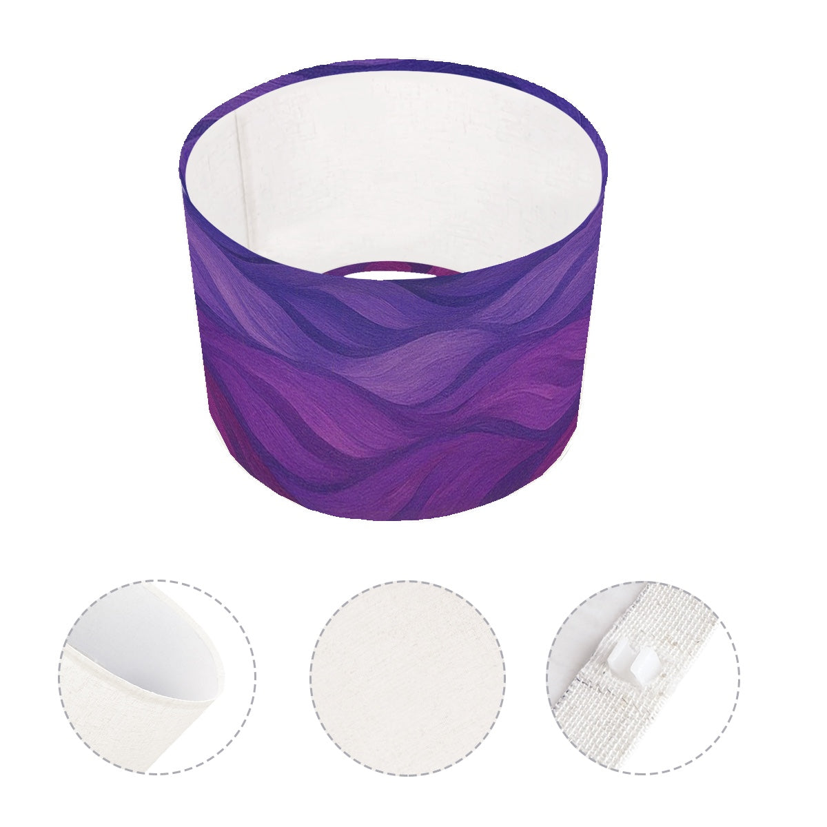 Arc lamp Made in USA Arc Floor Lamp Shade in premium linen printed with swirling purple, magenta and gold amethyst waves.