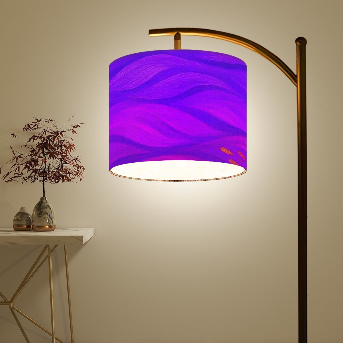 Arc lamp Made in USA Arc Floor Lamp Shade bursting with bright, multi-hued pop-art wave motifs on linen.