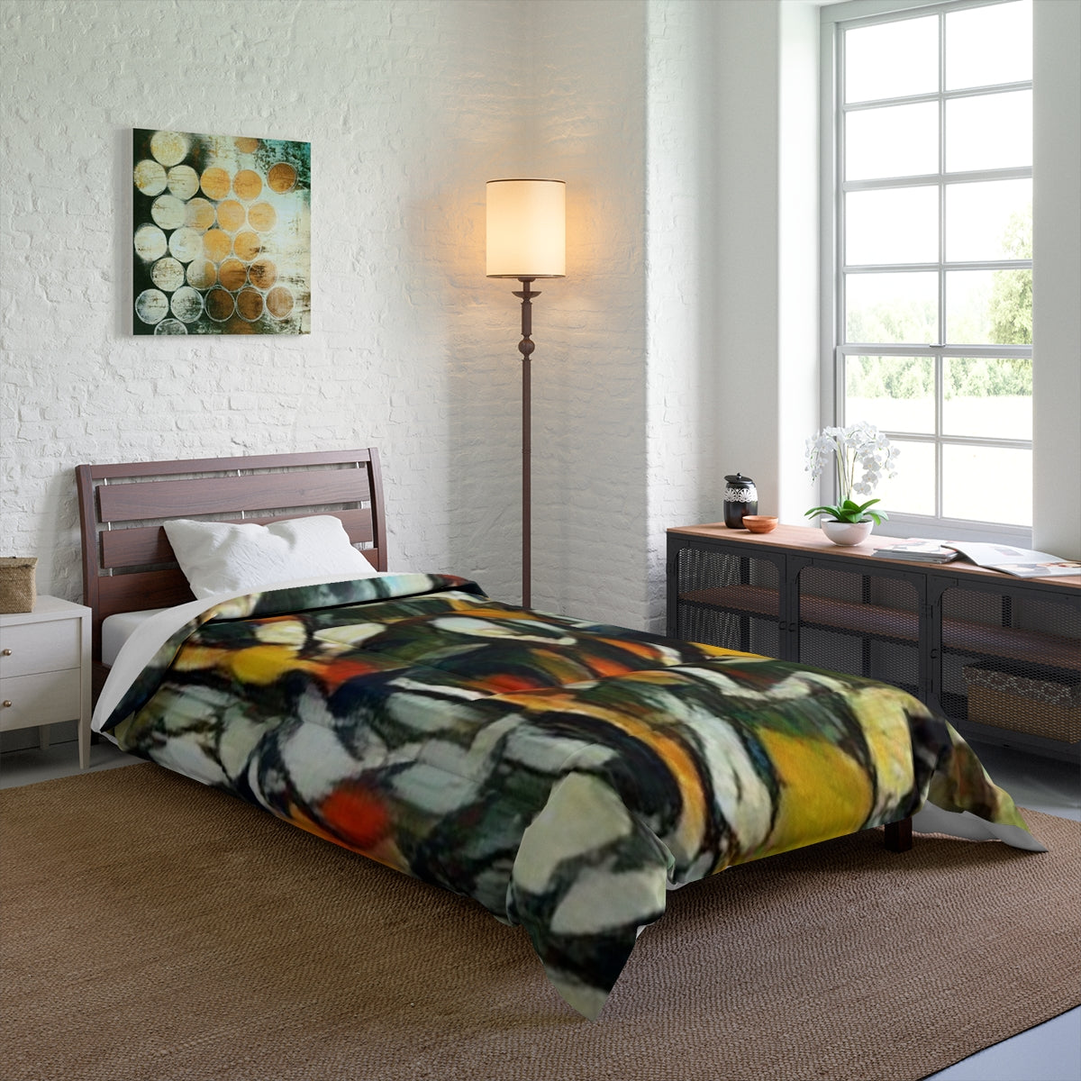 Comforter on a single bed near a window with natural light, size 68'' x 92''
