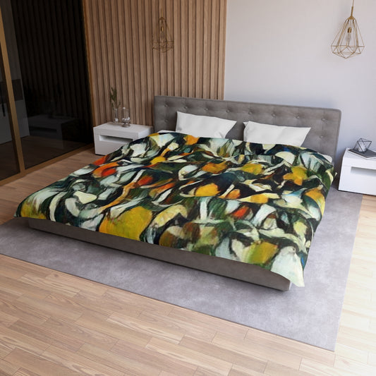 King size Obsidian Petals duvet cover with white lining, expressive bedding with abstract petals in deep black, gold, and green
