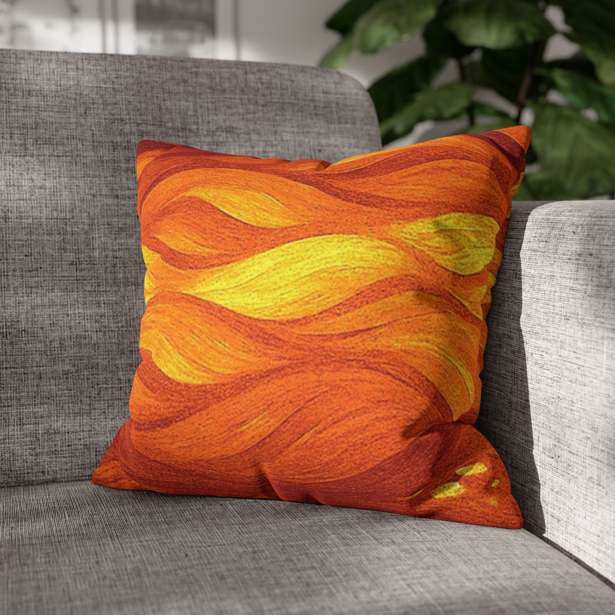 16" × 16" Abstract Wave pillowcase in Orange-Amber placed in the corner of a gray sofa
