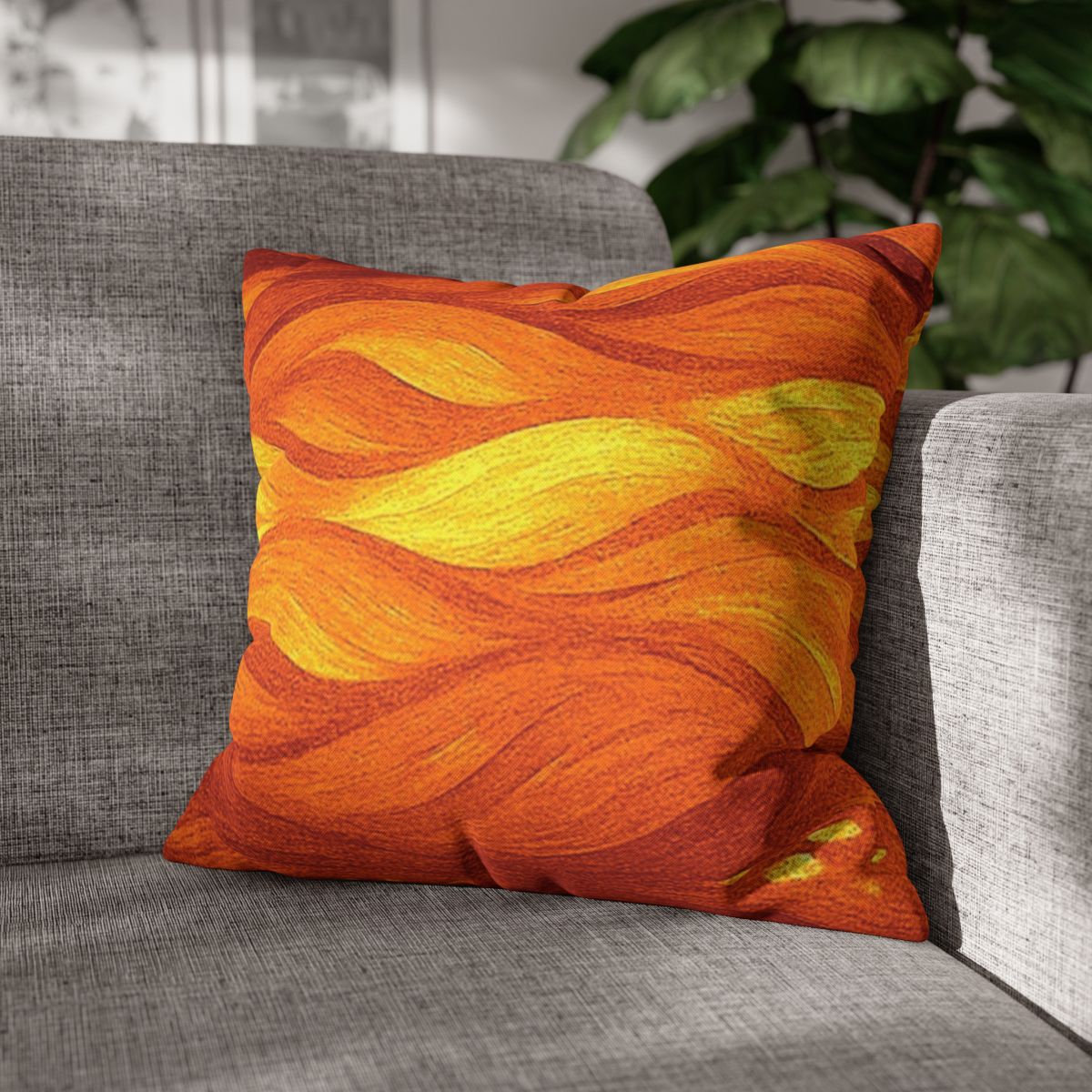 18" × 18" Abstract Wave pillowcase in Orange-Amber placed in the corner of a gray sofa