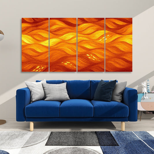 Orange-amber variant of Gilded Amethyst Currents glowing warmly on 4 decorative wall panels above a sofa