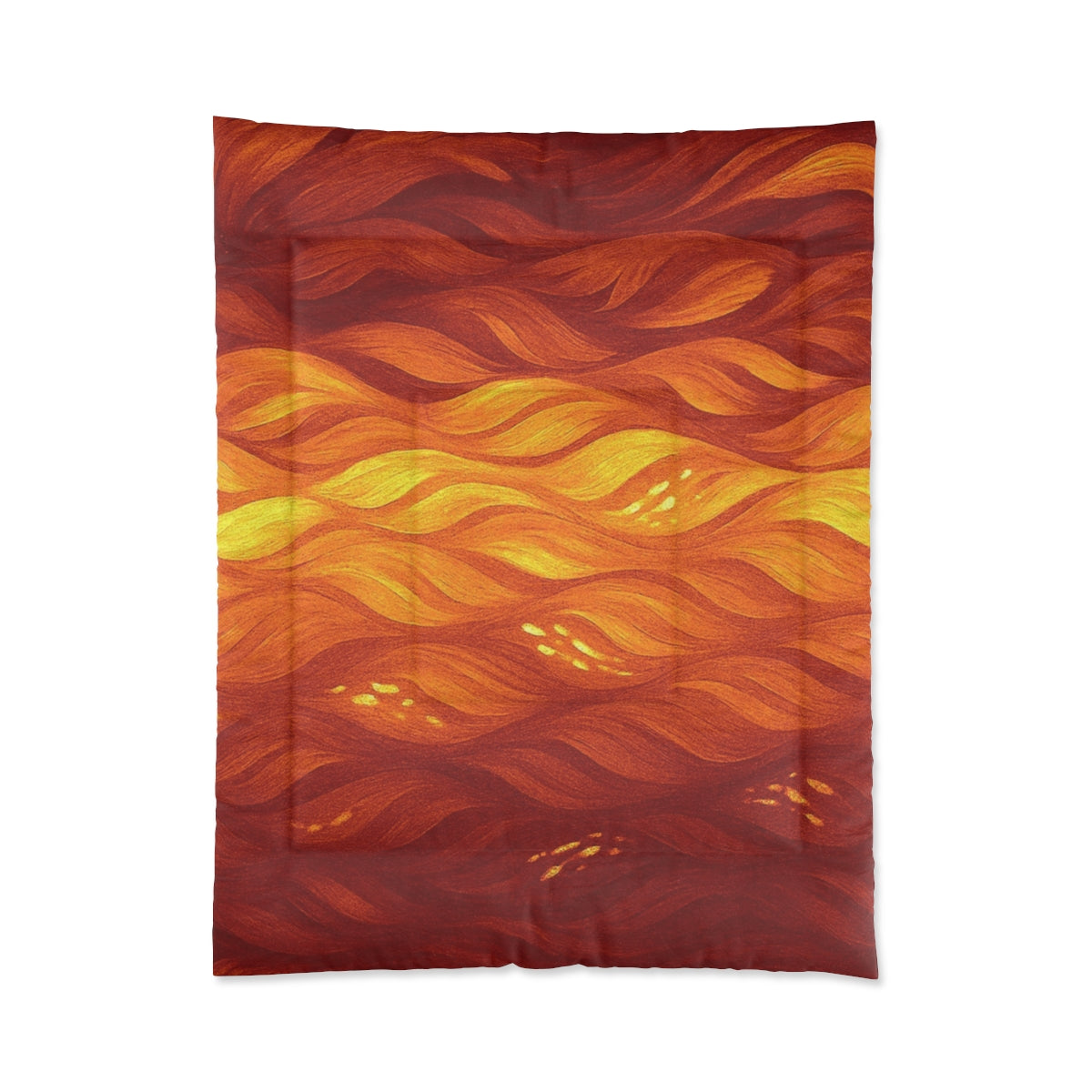 Orange – amber comforter with glowing waves in red, marigold, and rust tones. Size: 68" × 88"