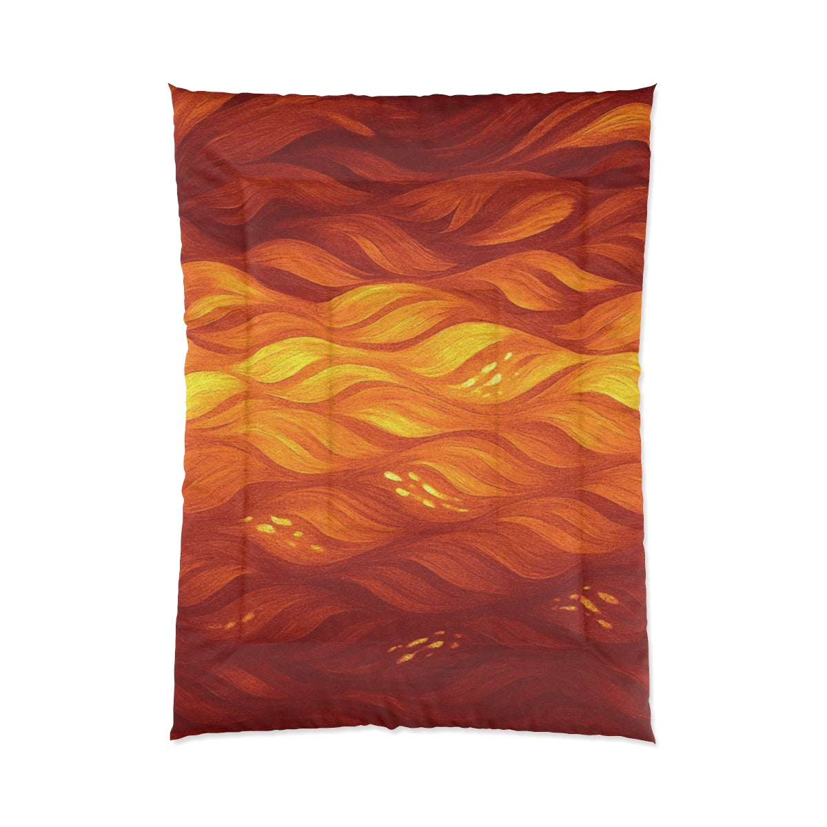 Warm comforter in sunset-inspired hues and flame-like layering. Size: 68" × 92"