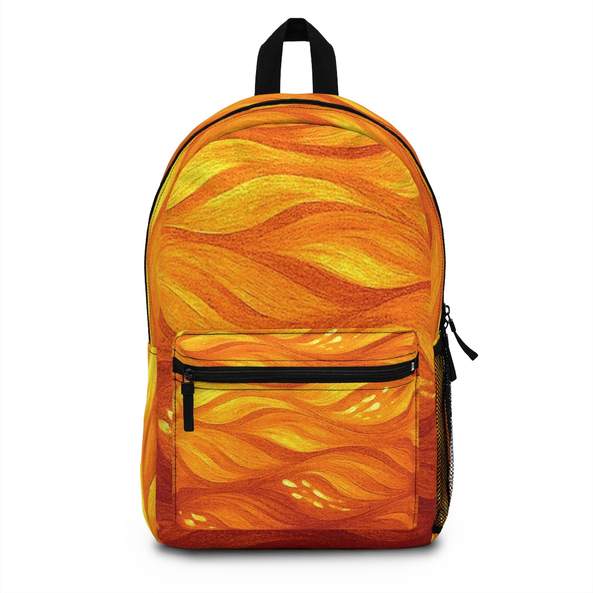 Front-facing backpack in glowing orange, red, and golden tones, with layered waves that evoke flickering fire or molten light.