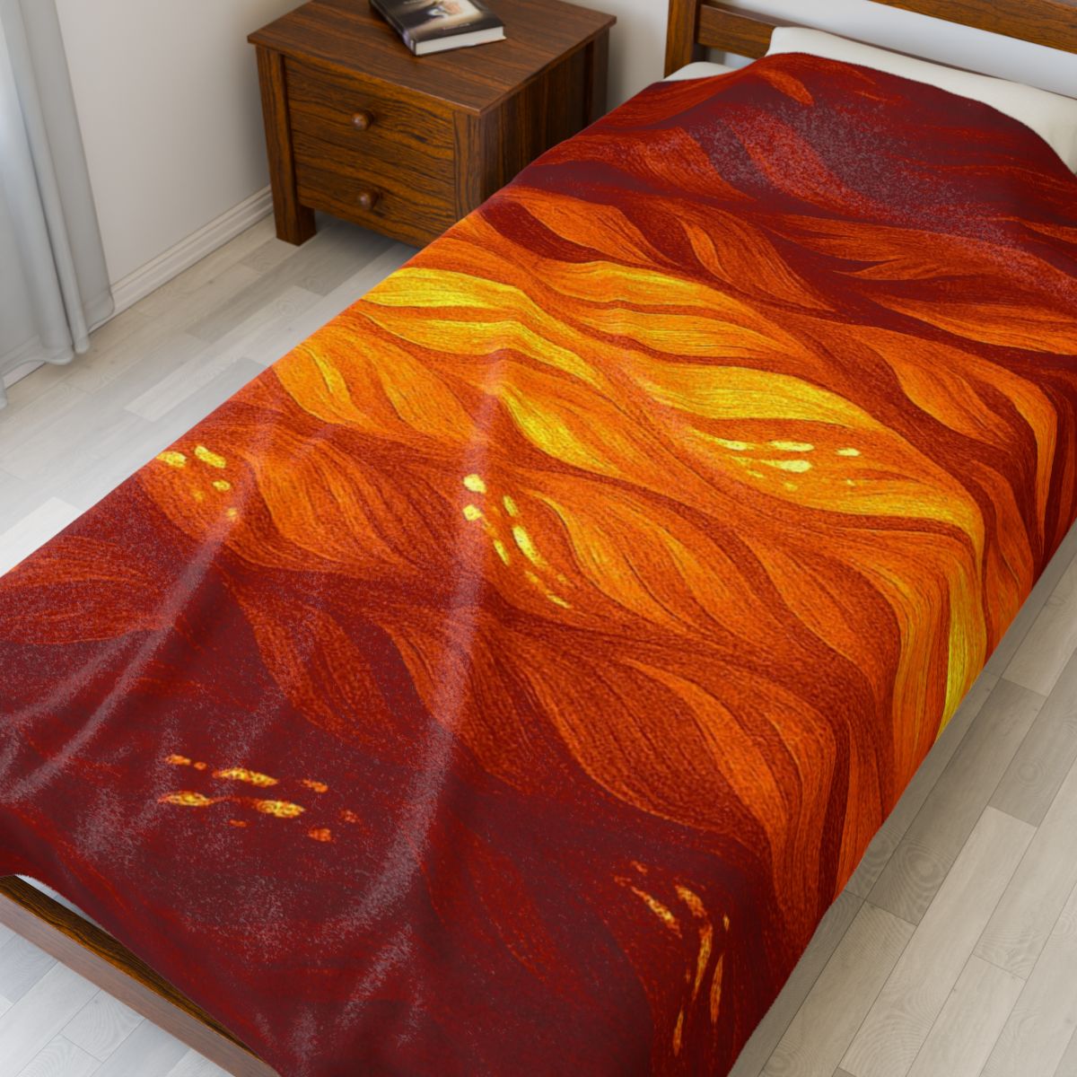 Deep glowing waves in red, orange, and gold, covering a queen-size bed with vivid warmth