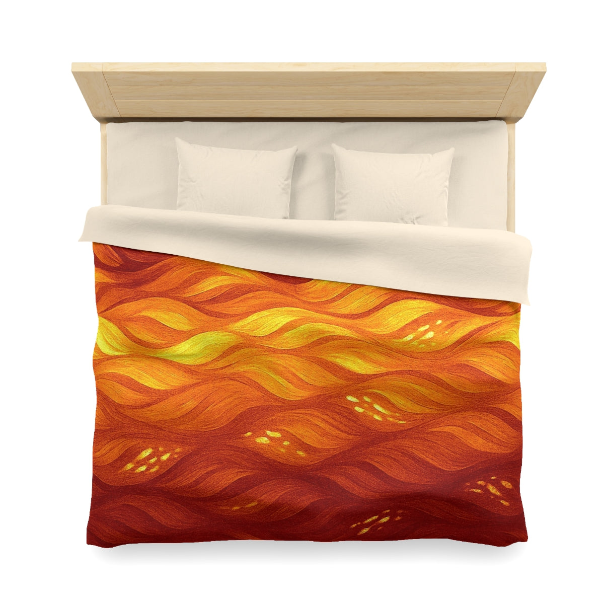 King size duvet cover in Orange – Amber with cream lining, composed of layered reds, yellows, and golden waves