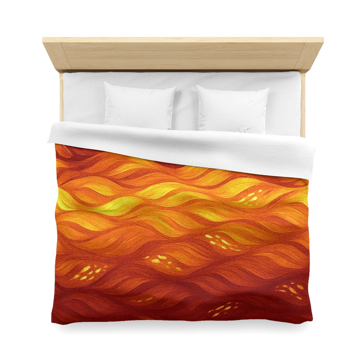 King size duvet cover in Orange – Amber with white lining, composed of layered reds, yellows, and golden waves