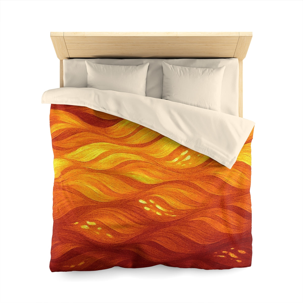 Queen size duvet cover in Orange – Amber with cream lining, showcasing sun-washed hues with fluid, fiery texture