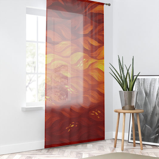 A single curtain showing warm sunset hues—burnt orange, amber, and gold—blended in soft, rolling strokes; displayed before a bright window with a sleek stool and green plant accent