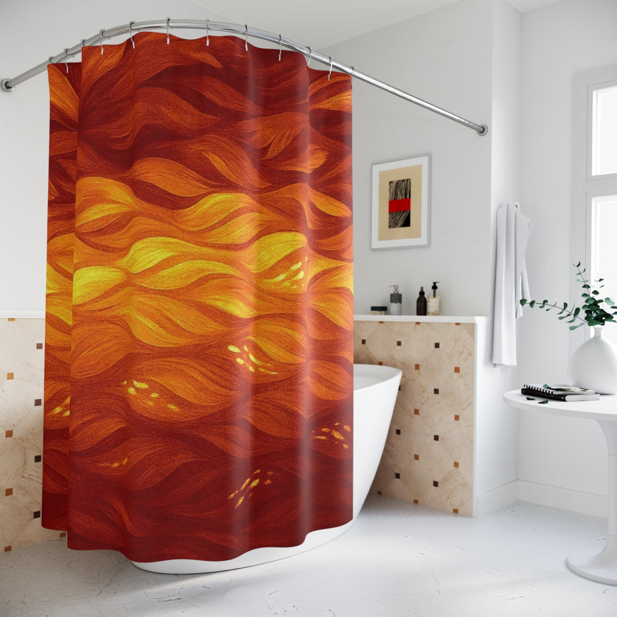 Orange-Amber version hung in a contemporary bathroom, showing warm waves from burnt orange to golden amber with gold flecks