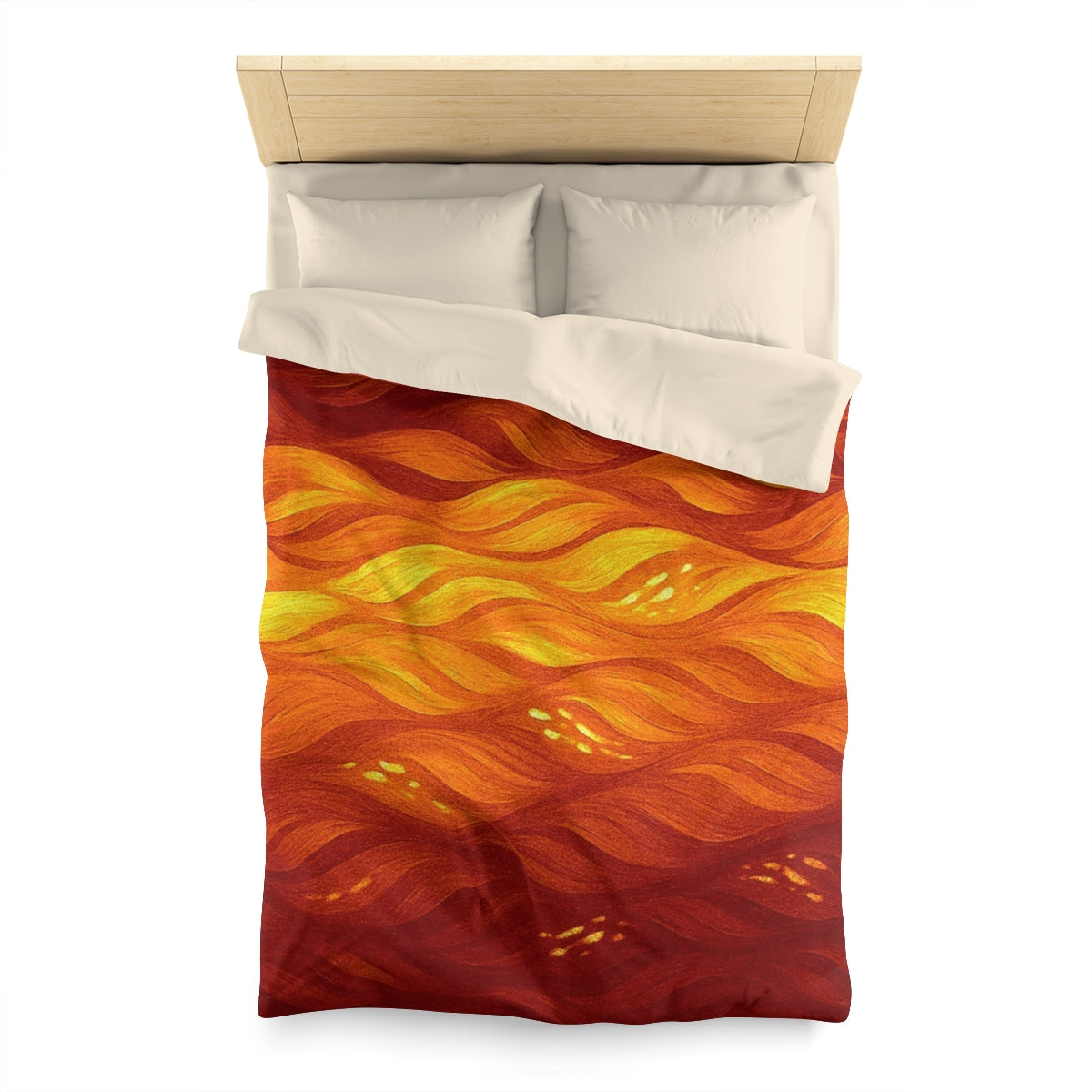Twin size duvet cover in Orange – Amber with cream lining, wrapped in golden light and deep orange shadows
