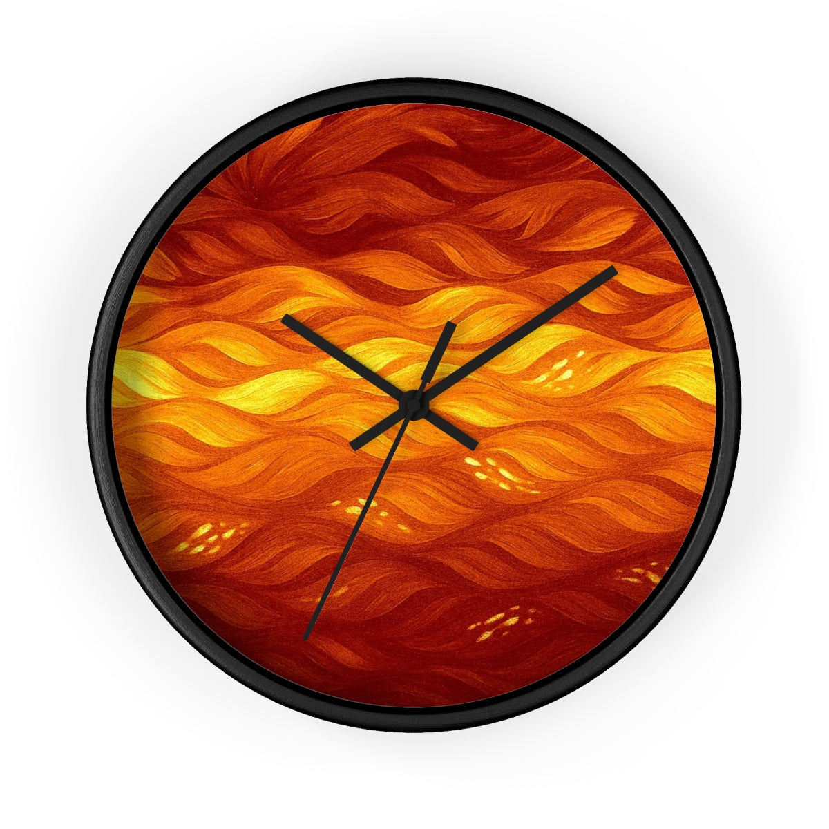 Round wooden wall clock with a painted black frame, black hour/minute/second hands, and a plexiglass face printed in warm gradient waves from golden yellow to deep amber
