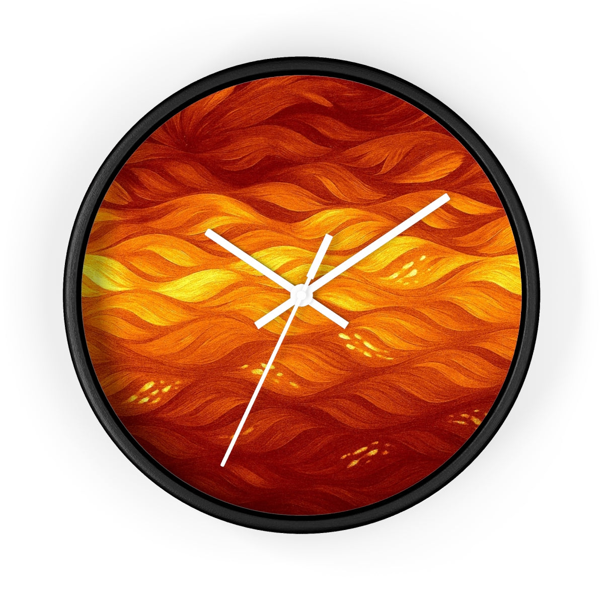 Round wooden clock featuring a painted black frame, white hour/minute/second hands, and a plexiglass face showing undulating waves in rich golden-amber tones