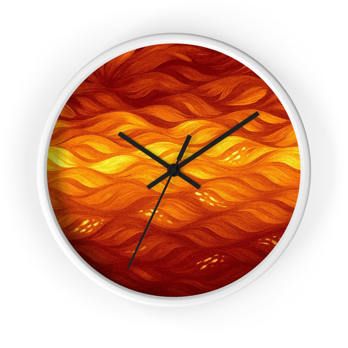Round wooden wall clock with a painted white frame, black hour/minute/second hands, and a plexiglass face displaying gradient waves from bright yellow to deep orange-amber