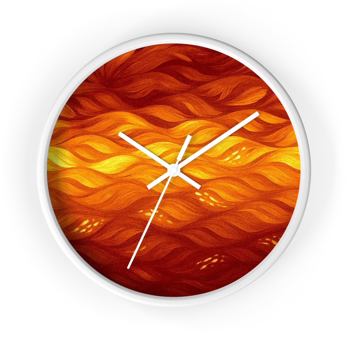 Round wooden clock with a painted white frame, white hour/minute/second hands, and a plexiglass face printed in warm yellow-to-amber wavy bands