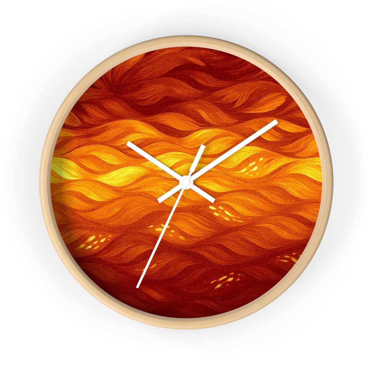 Round wooden clock in a natural light wood frame, white hour/minute/second hands, and a plexiglass face showing undulating waves in golden-yellow through deep amber tones