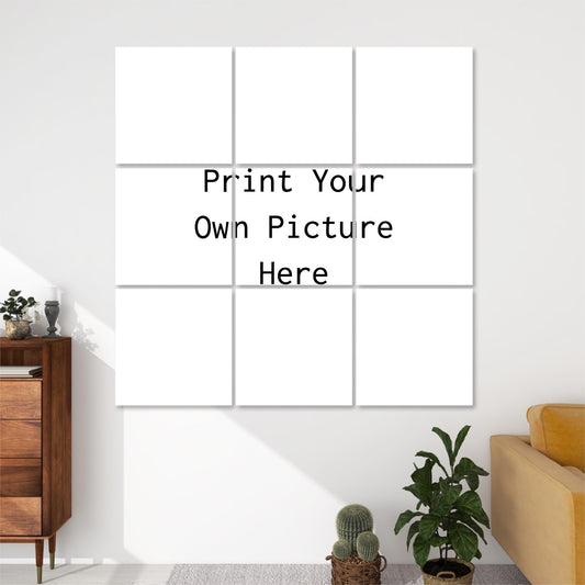 Print Your Own Photo Acoustic Panels 3x3 white wall panels mockup in living room with plants and yellow sofa
