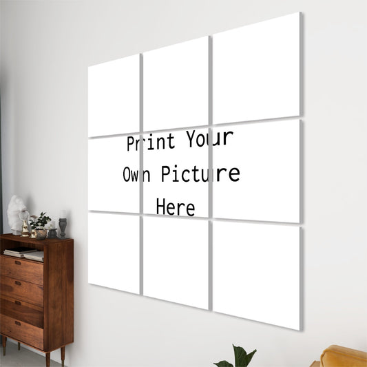 Print Your Own Photo Acoustic Panels 3x3 white wall panel grid mockup above wooden dresser
