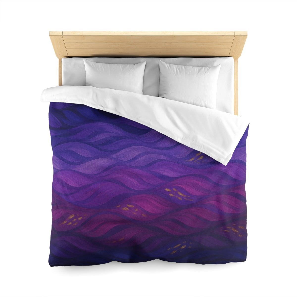 Queen size duvet cover in Full Color with white lining, sweeping purple to blue gradient and gold highlights