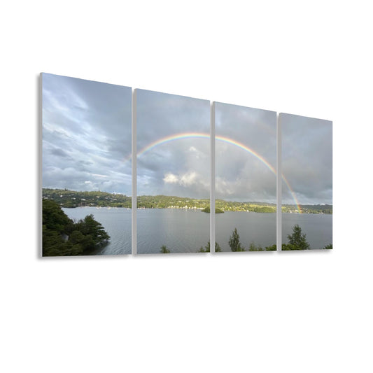 Papi's Canvas 4 Decorative Sound Absorbing Panels Featuring Rainbow in Stormy Sky. Panoramic lake landscape acoustic wall panels
