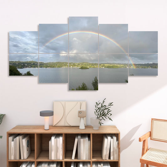 Rainbow Landscape 10 Decorative Sound Absorbing Panels multi panel wall art showing rainbow over lake and shoreline
