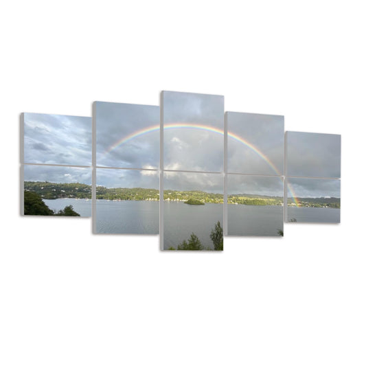 Rainbow Landscape 10 Decorative Sound Absorbing Panels showing lake and island scenery with full rainbow across ten panels