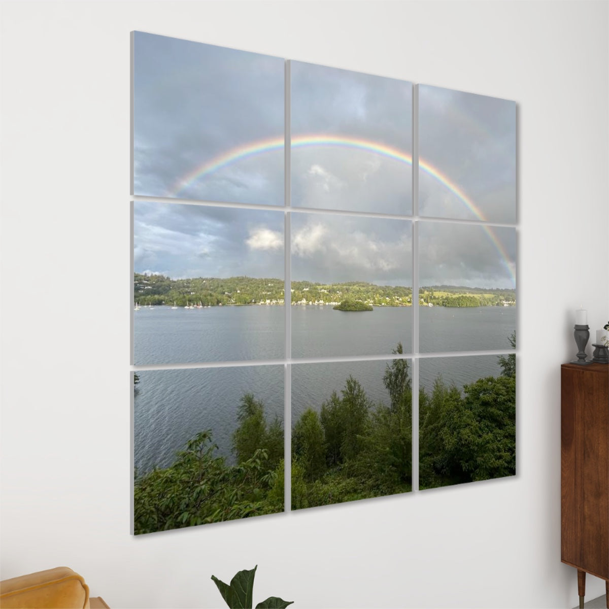Rainbow Over Lake 9 Decorative Sound Absorbing Wall Panels showing nine square panels of a rainbow over a lake and shoreline
