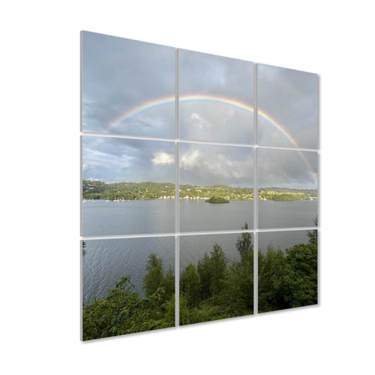 Rainbow Over Lake 9 Decorative Sound Absorbing Wall Panels Papis Canvas showing 3x3 lake rainbow scene