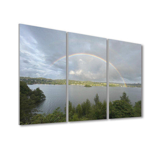 Papis Canvas Rainbow Over Water 3 Decorative Sound Absorbing Wall Panels showing a rainbow arching over a lake with trees