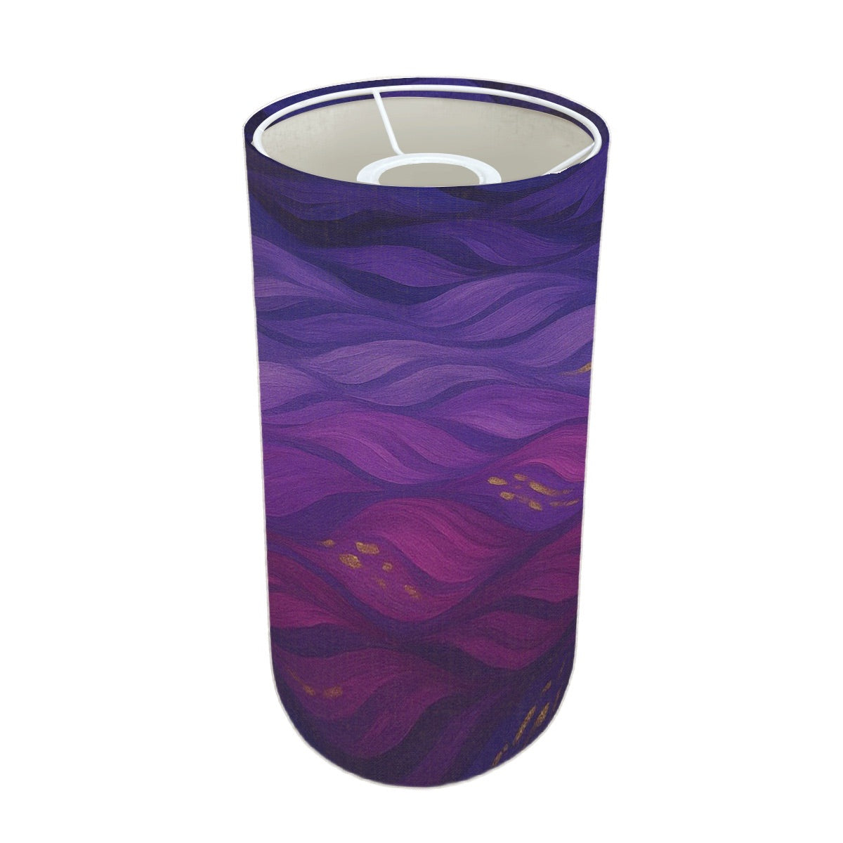 Tall cylindrical linen shade with purple and gold currents, mounted on a slender lamp base.