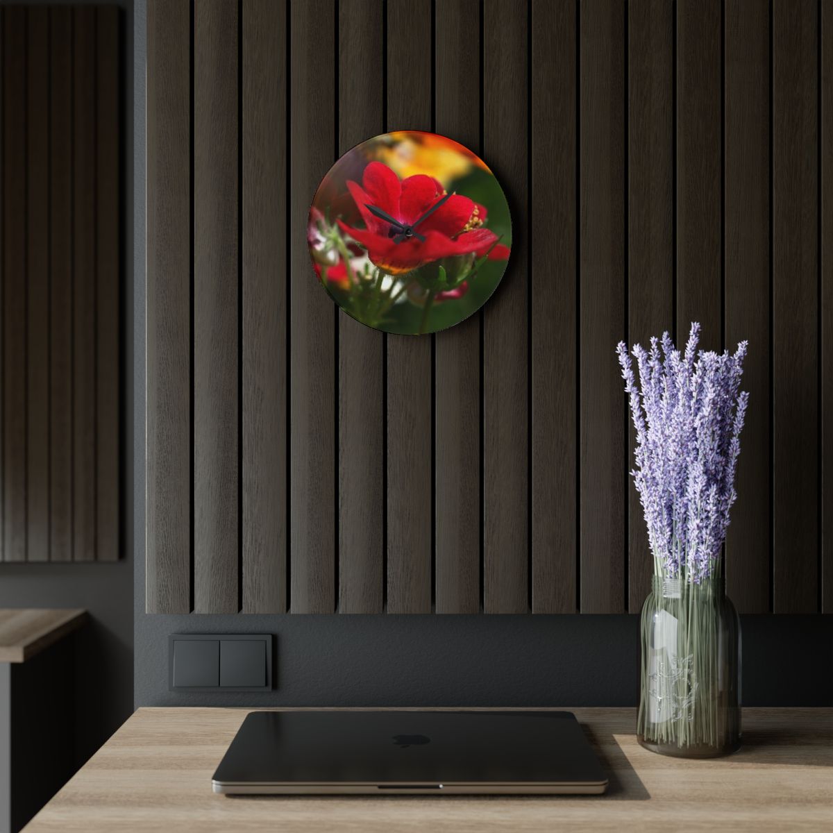 floral acrylic wall clock featuring close up of red flower