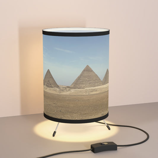 round table lamp featuring Pyramids of Giza and five people looking at them, size: 7''x11''