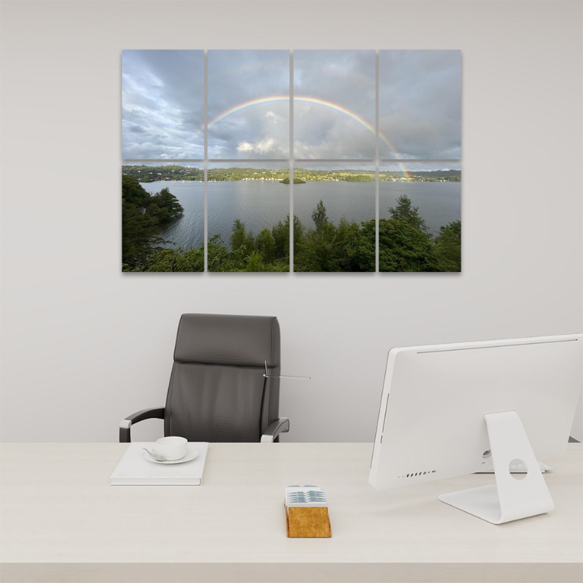 Office wall art with 8 Decorative Sound Absorbing Panels Featuring Scenic Rainbow Lake View. Hung above white desk and chair